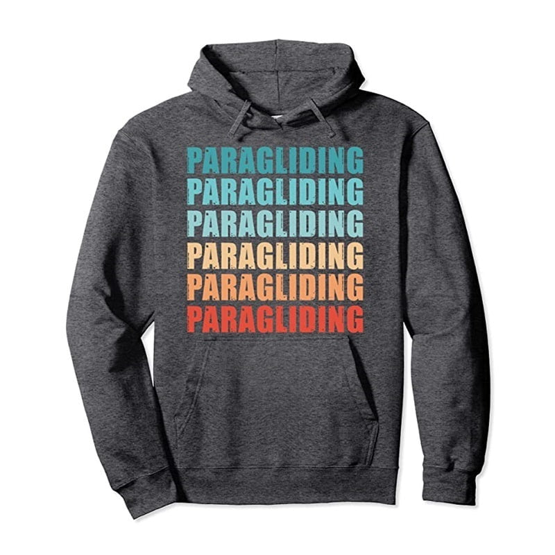 Grauer Paragliding Hoodie Schriftzug mit buntem Text, ideal für Gleitschirmpiloten, klassisch geschnitten, mit Kapuze und hochwertiger Verarbeitung, perfekt für Gleitschirmfliegen-Enthusiasten.