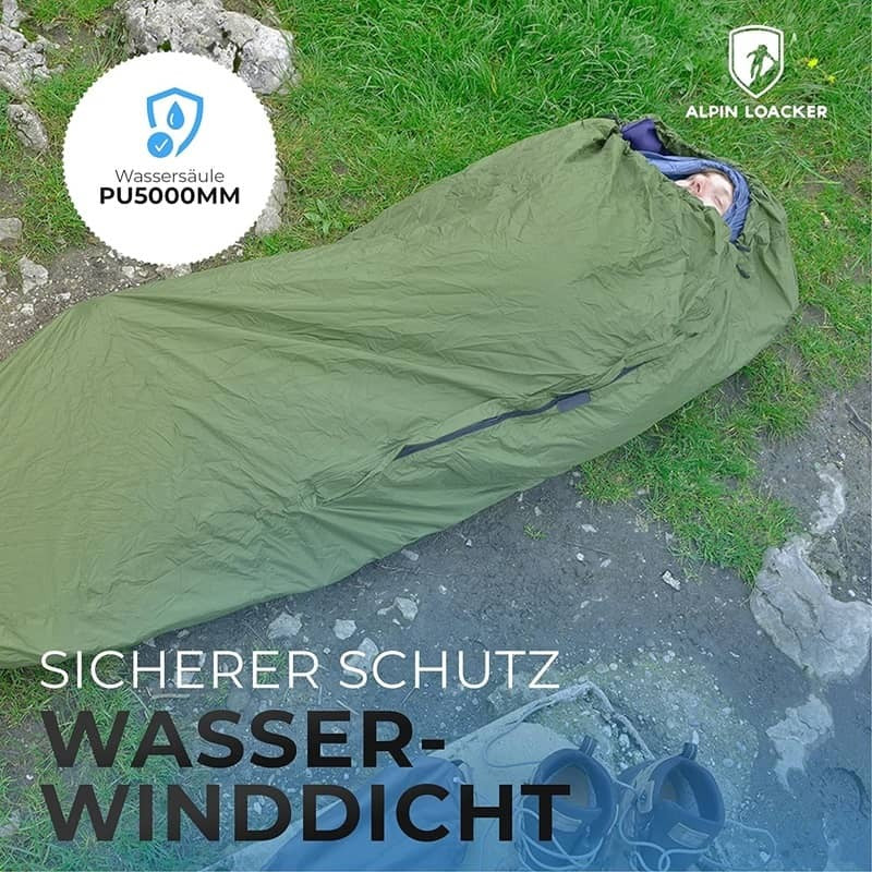 Alpin Loacker Biwak Schlafsack - Extreme, ultraleichter, wasserdichter Schutzüberzug, grüner Schlafsack mit rotem Innenfutter, ideal für Outdoor-Abenteuer und Notfälle.