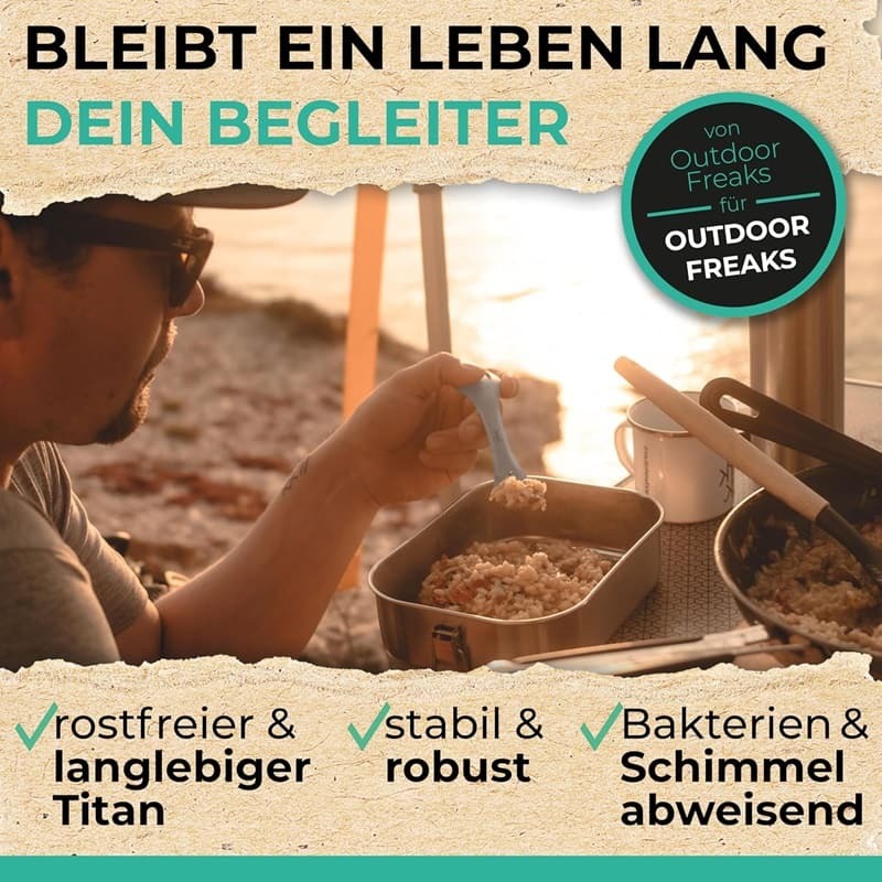 Freigeist Biwak Besteck Göffel: Multifunktionales Titan-Besteck mit Gabel, Löffel und kleiner Messerklinge, ideal für Outdoor-Abenteuer und Biwak-Touren.