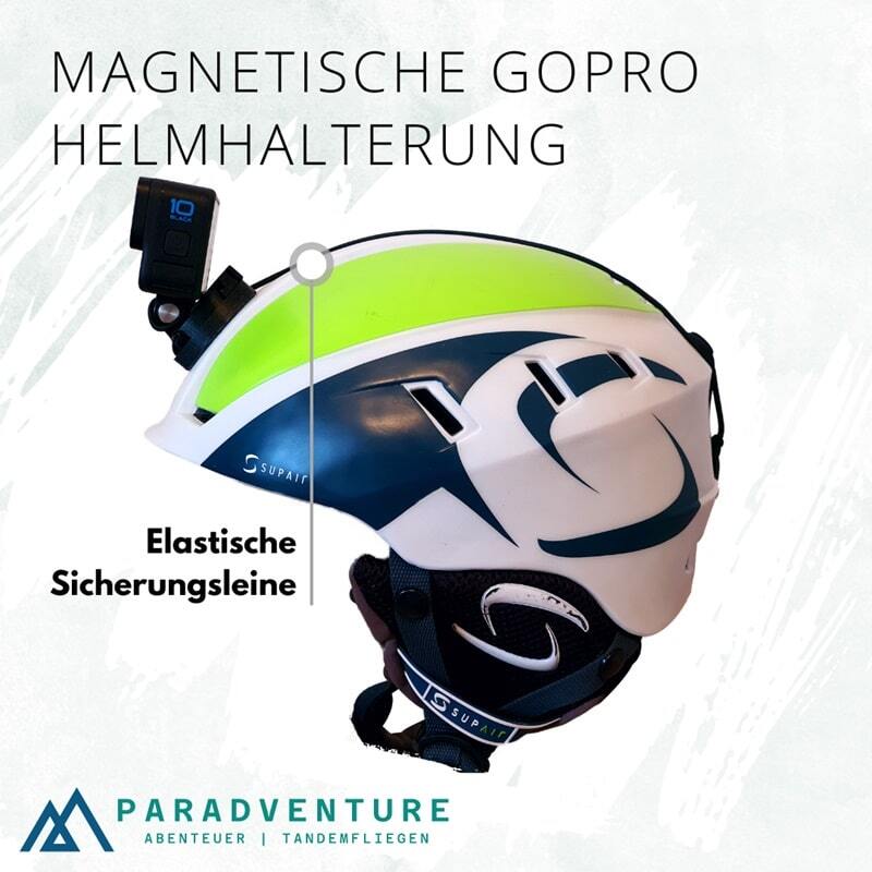 Helm mit Magnetische GoPro Helmhalterung und Kamera, speziell für Gleitschirmflieger entworfen, um Sicherheitsrisiken zu minimieren. Perfekt für Paragliding-Enthusiasten.