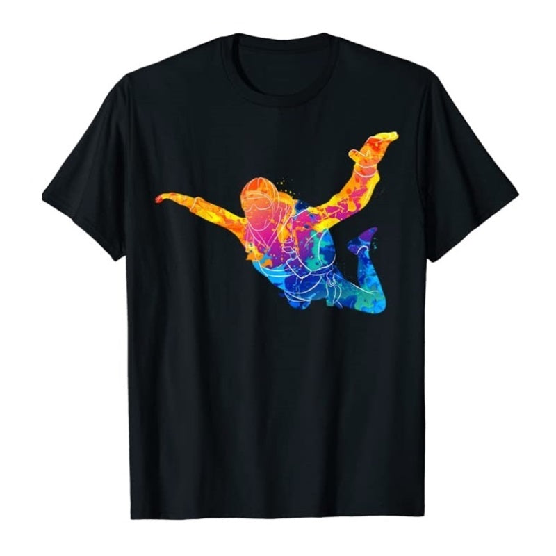 Skydiving T-Shirt Skydiver mit bunter Silhouette eines springenden Menschen, ideal für Extremsportler und Skydiving-Enthusiasten, klassisch geschnitten aus 100% Baumwolle.