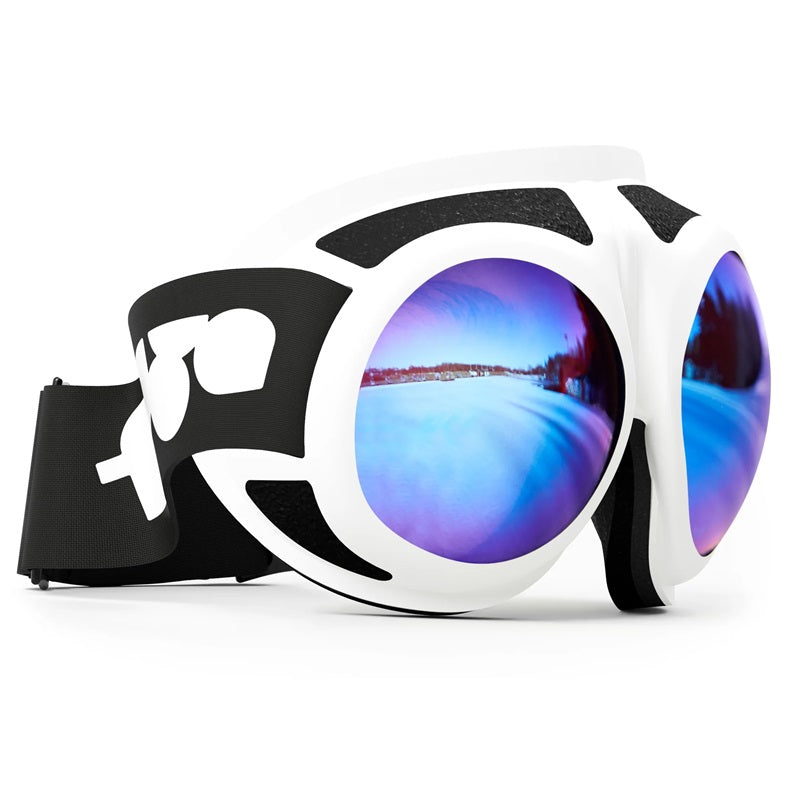 RovFluga Goggles - ML Blue | Orange Lens, hochwertige Fliegerbrille mit ZEISS-Gläsern, ideal für Gleitschirmfliegen, zeigt reflektierte Strandlandschaft in den Gläsern.