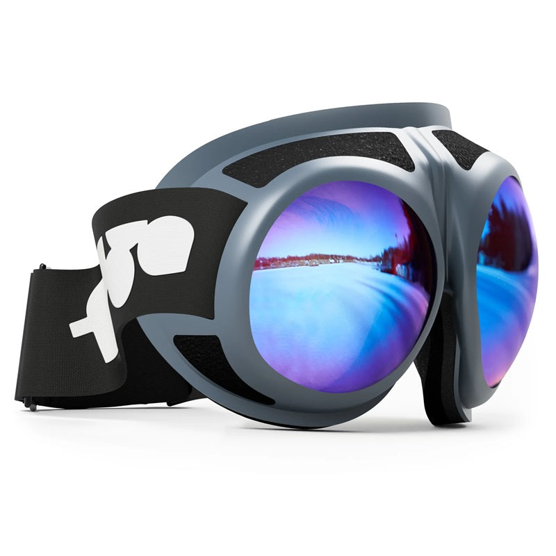 RovFluga Goggles - ML Blue | Orange Lens mit spiegelndem Landschaftsbild, ideal für Gleitschirmfliegen, bieten austauschbare ZEISS-Gläser und hervorragende Sicht bei verschiedenen Lichtbedingungen.