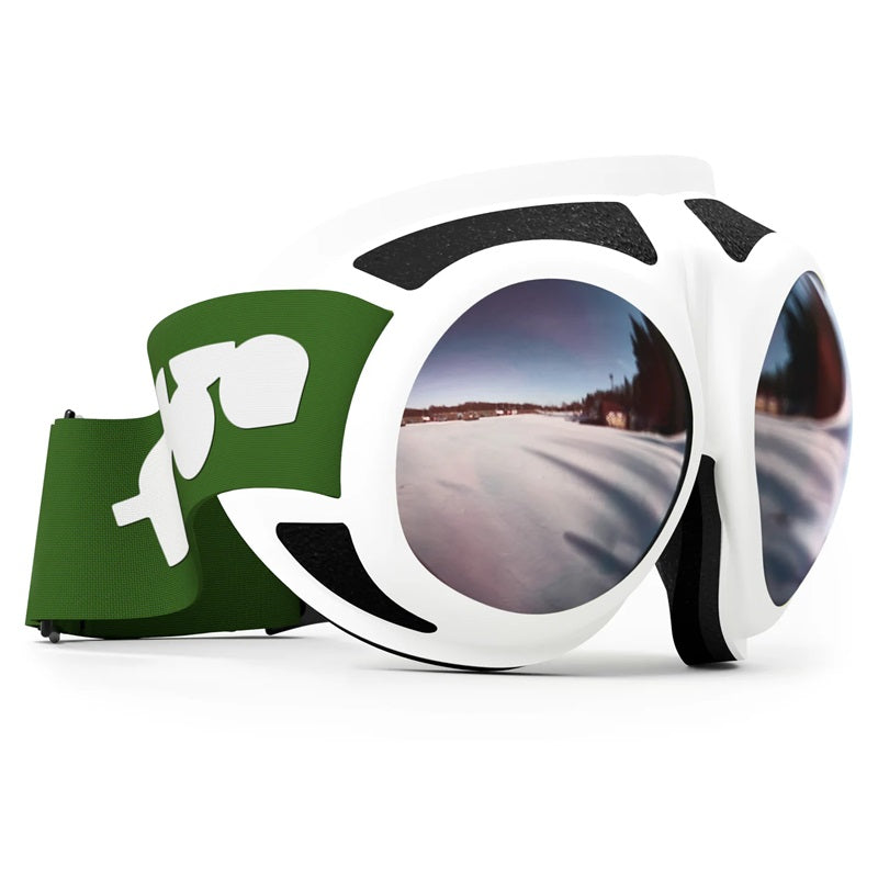 RovFluga Goggles mit grünem Band, Super Silver/Orange ZEISS-Gläser, ideal für sonnige Bedingungen und Gleitschirmfliegen, mit austauschbaren Gläsern und hohem UV-Schutz.