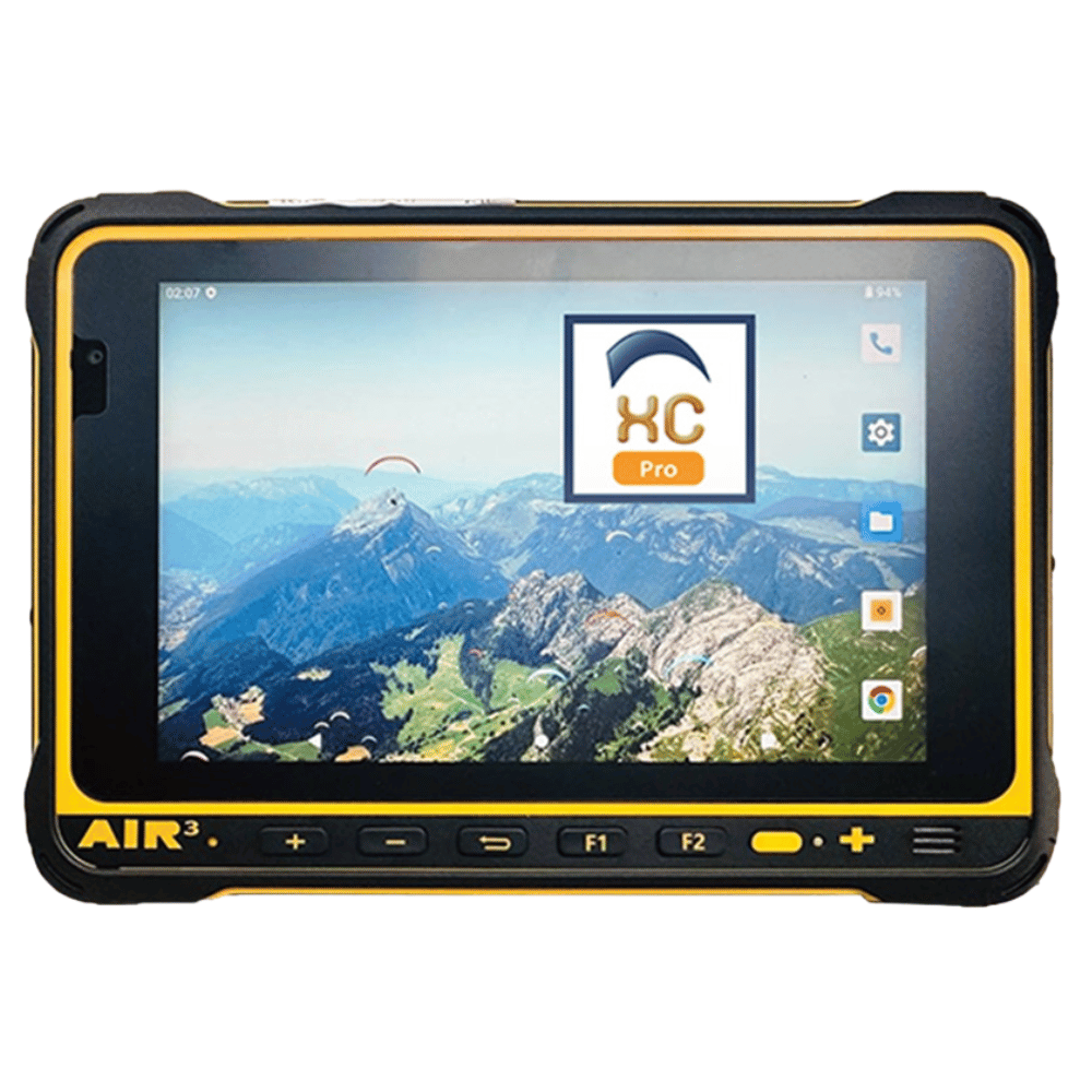 Air3 7.35+ mit Fanet und Flarm, ein hochentwickeltes Flug-Computer-Tablet mit hochauflösendem Display, ideal für Gleitschirmfliegen, dargestellt mit Benutzeroberfläche auf dem Bildschirm.