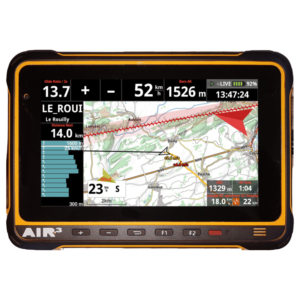 Air3 7.35+ mit Fanet und Flarm, ein hochentwickeltes Flug-Computer-Tablet mit hochauflösendem Display, ideal für Gleitschirmfliegen, dargestellt mit Benutzeroberfläche auf dem Bildschirm.