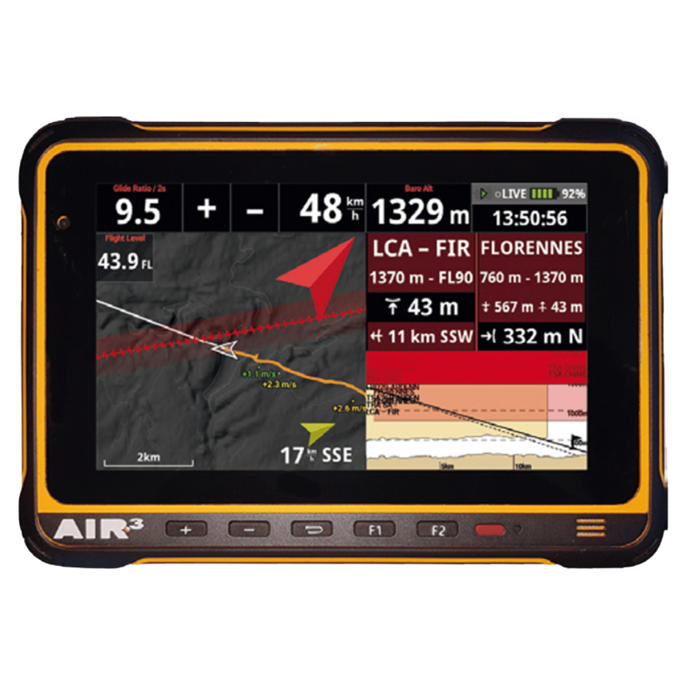 Air3 7.35+ mit Fanet + Flarm GPS-Gerät, zeigt eine Karte mit Navigationspfeil und roten Linien, optimiert für Gleitschirmfliegen, mit innovativer Display-Technologie.