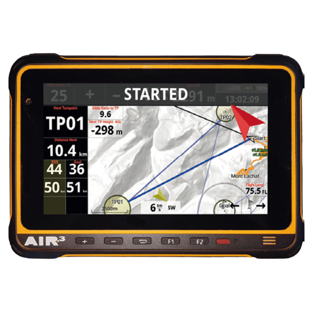 GPS-Gerät Air3 7.35+ mit Karte und rotem Richtungspfeil, ideal für Gleitschirmfliegen, ausgestattet mit Fanet und Flarm, hoher Leuchtkraft und XCTrack Pro Software.