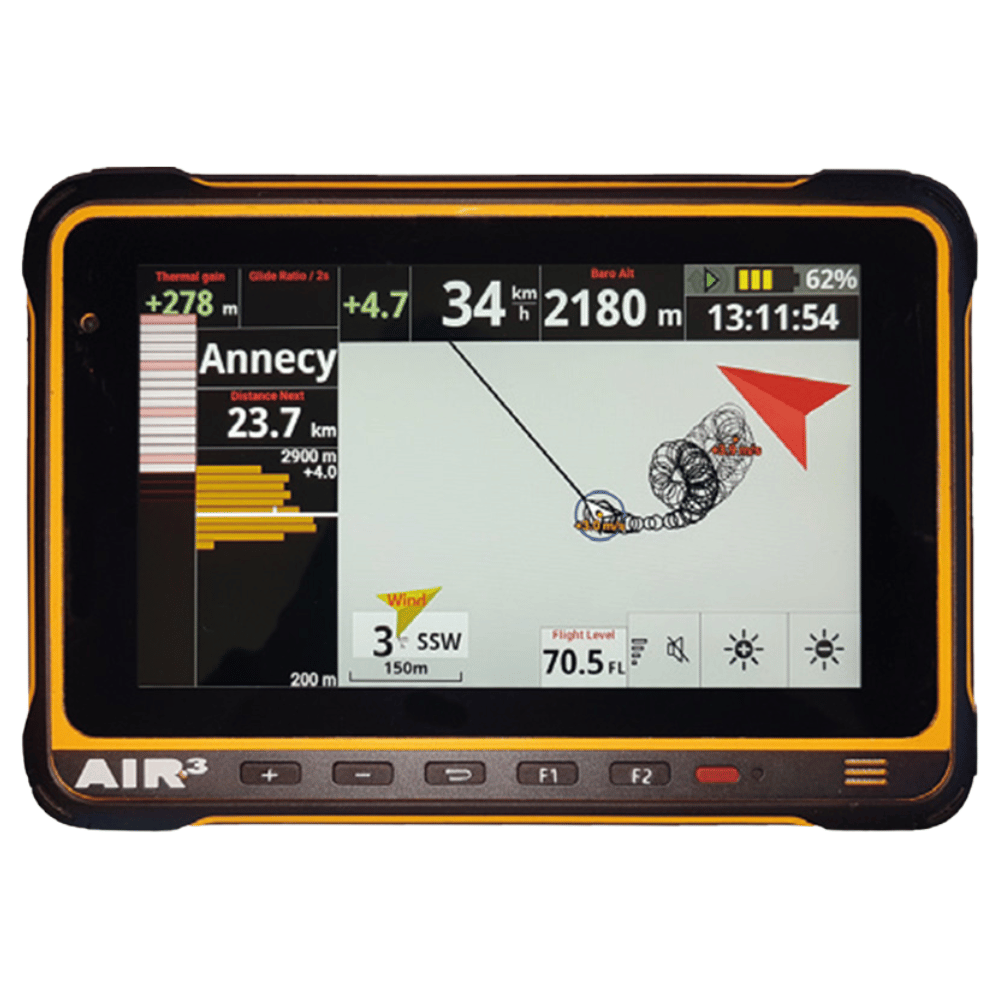 Nahaufnahme des Air3 7.3+ V2 Flug-Computers mit Fanet und Flarm, einem hochmodernen Gerät für Gleitschirmflieger, optimiert durch die XC Track Software.