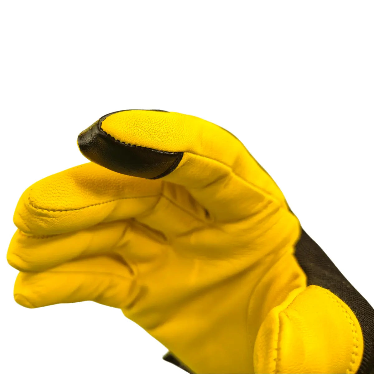 Basisrausch Citrin TS Gleitschirmhandschuh, schwarze Strickoberfläche mit gelben Fingerspitzen, silbernes Logo hinten, langer schwarzer Bund, ideal für Sommerparagleiter.