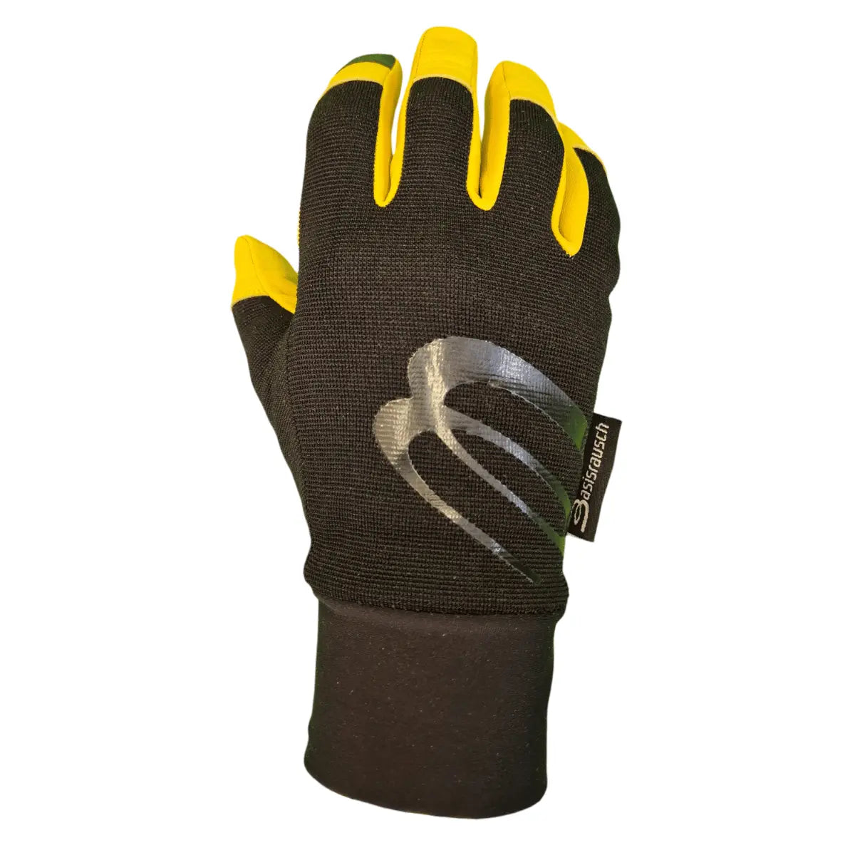 Basisrausch Citrin TS Gleitschirmhandschuh, schwarze Strickoberfläche mit gelben Fingerspitzen, silbernes Logo hinten, langer schwarzer Bund, ideal für Sommerparagleiter.