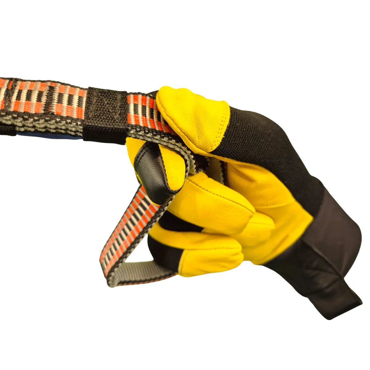 Basisrausch Citrin TS Handschuh hält robustes, gestreiftes Nylonband; ideal für Gleitschirmflüge. Hochwertiges Ziegenleder bietet hervorragenden Griff und Schutz.