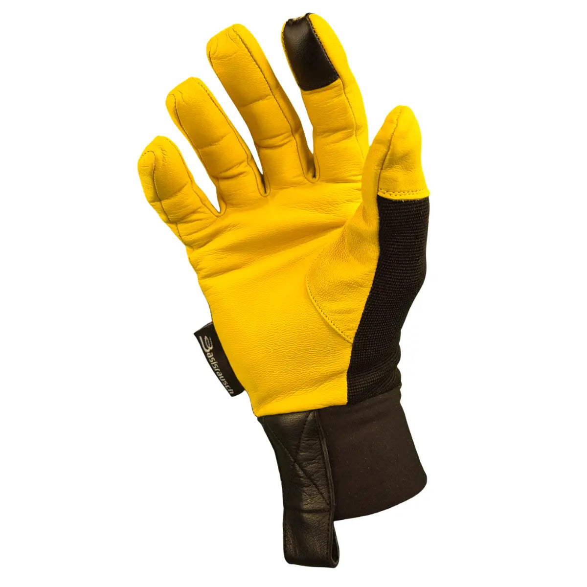 Basisrausch Citrin TS Gleitschirmhandschuh in Gelb, mit schwarzer Verstärkung und kleinem Markentag, für optimalen Sommerkomfort und Schutz.