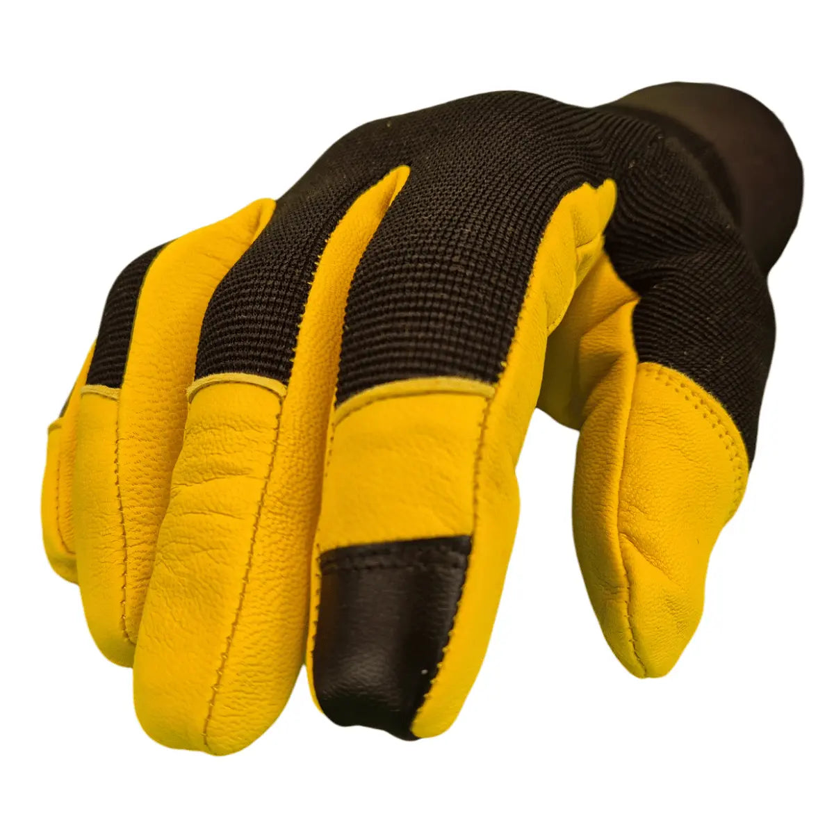 Basisrausch Citrin TS Gleitschirmhandschuh, gelbes Leder, schwarze flexible Rückseite, bietet hervorragenden Griff, Tastgefühl und Schutz, ideal für Sommer- und Schulungsflüge.
