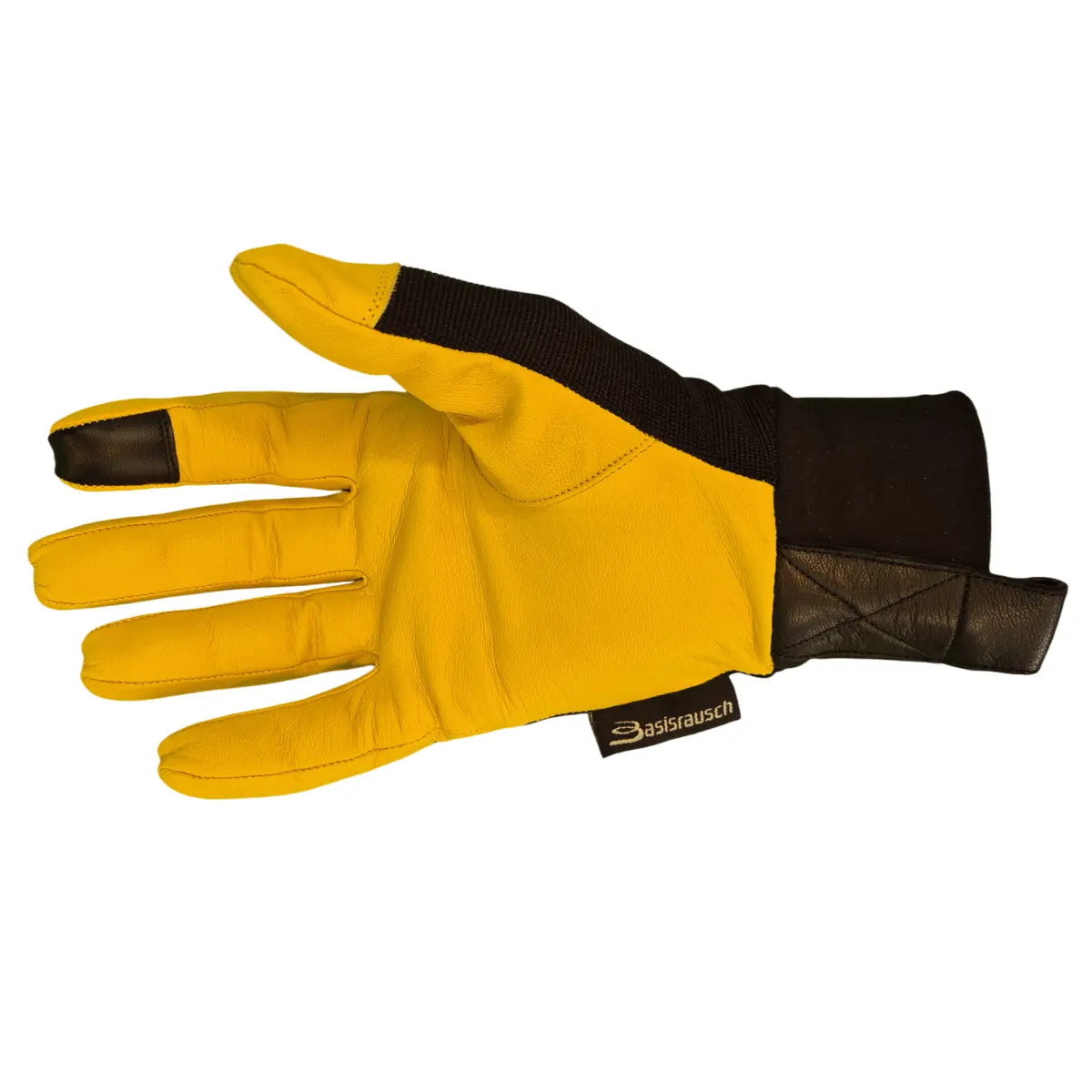 Basisrausch Citrin TS Handschuh: Gelber Lederhandschuh mit schwarzem Stoff, Basisrausch-Label am Bündchen. Ideal für Sommer, bietet Touch-Funktion und hervorragende Passform.