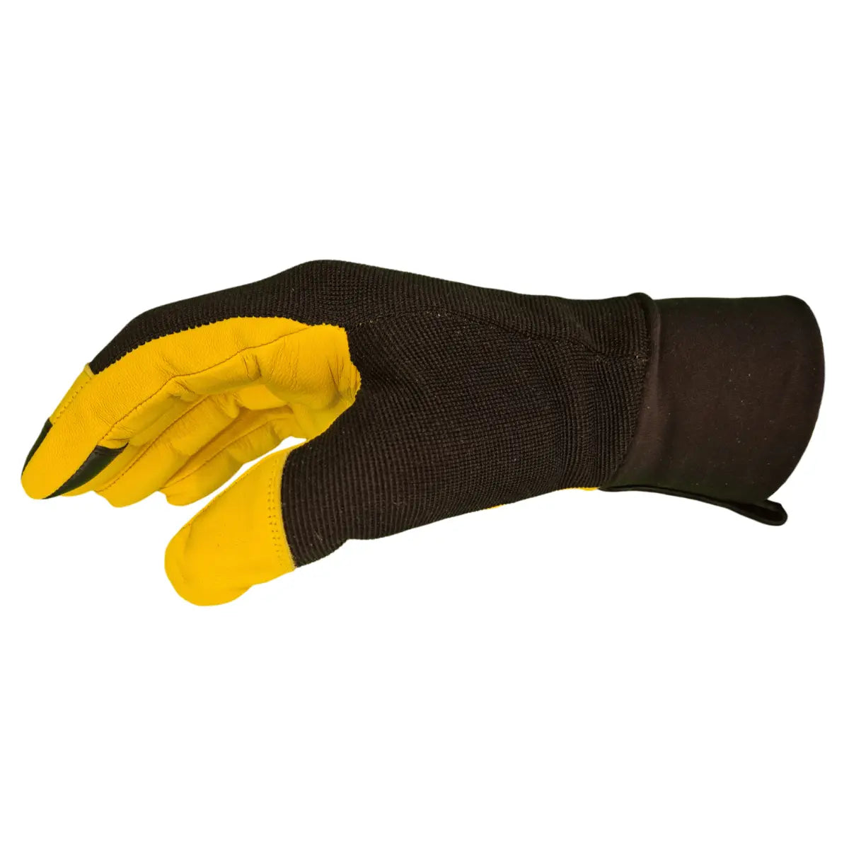 Basisrausch Citrin TS Gleitschirmhandschuh, schwarzer Strickrücken, gelbe Lederhandfläche, funktional für Sommer, bietet Touch-Funktion, hervorragenden Griff und Schutz bei Paragliding24.ch.