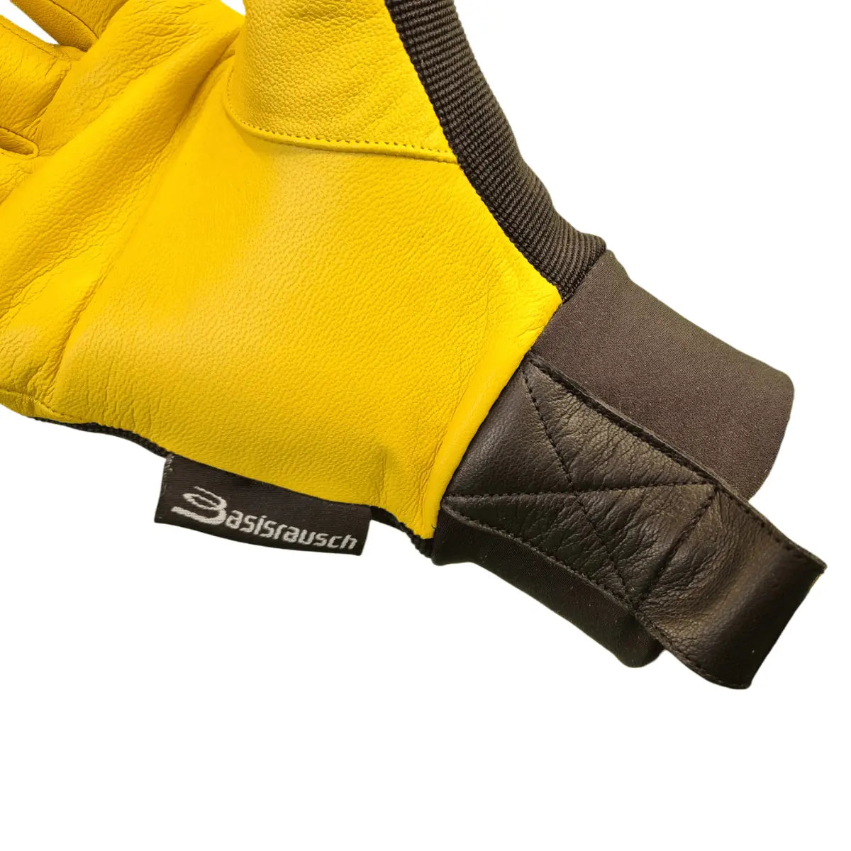 Basisrausch Citrin TS Gleitschirmhandschuh aus gelbem Leder mit schwarzer Verstärkung, ideal für Sommerflüge, bietet hervorragenden Griff und Schutz.