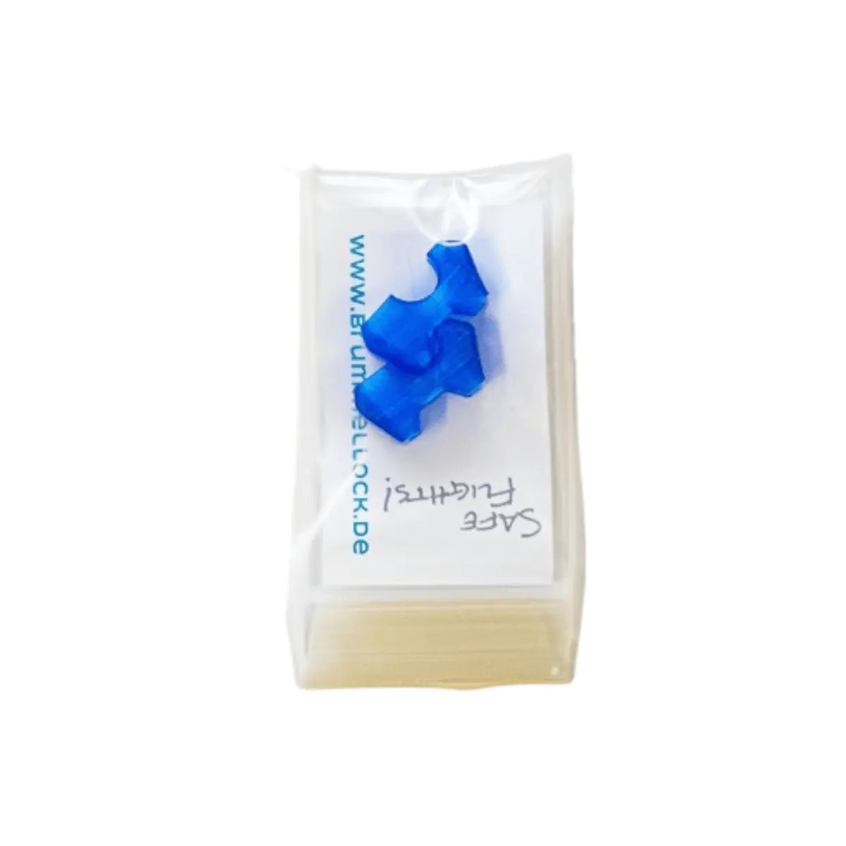 Blue plastic safety device displayed in transparent packaging with label, designed for securing paragliding equipment, identified as Brummellock - Brummelhaken Sicherung.
