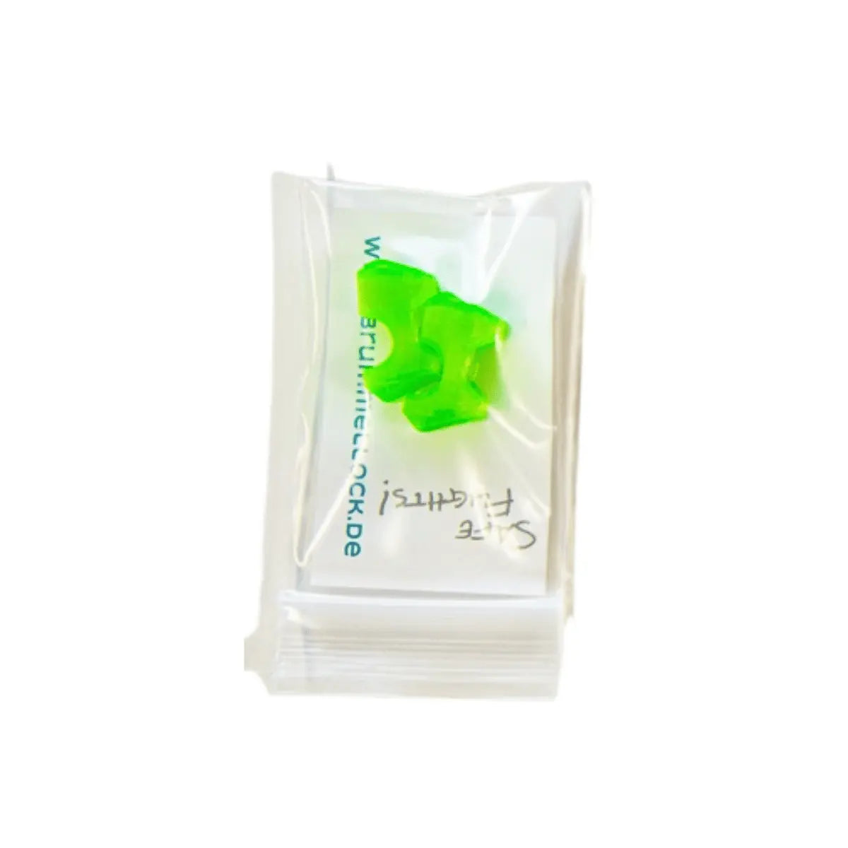 Brummellock - Brummelhaken Sicherung green safety lock accessory for paragliding harness protection in a clear plastic bag packaging.