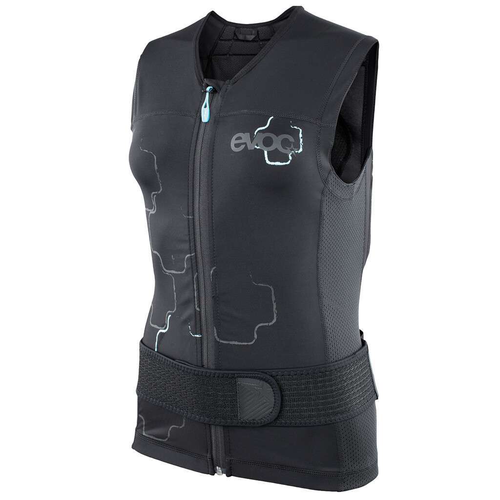 EVOC Rückenprotektor Lite Weste, schwarze Protektorenweste mit blauem Reißverschluss, bietet leichten Schutz für Rücken und Wirbelsäule, ideal für Gleitschirmflieger.