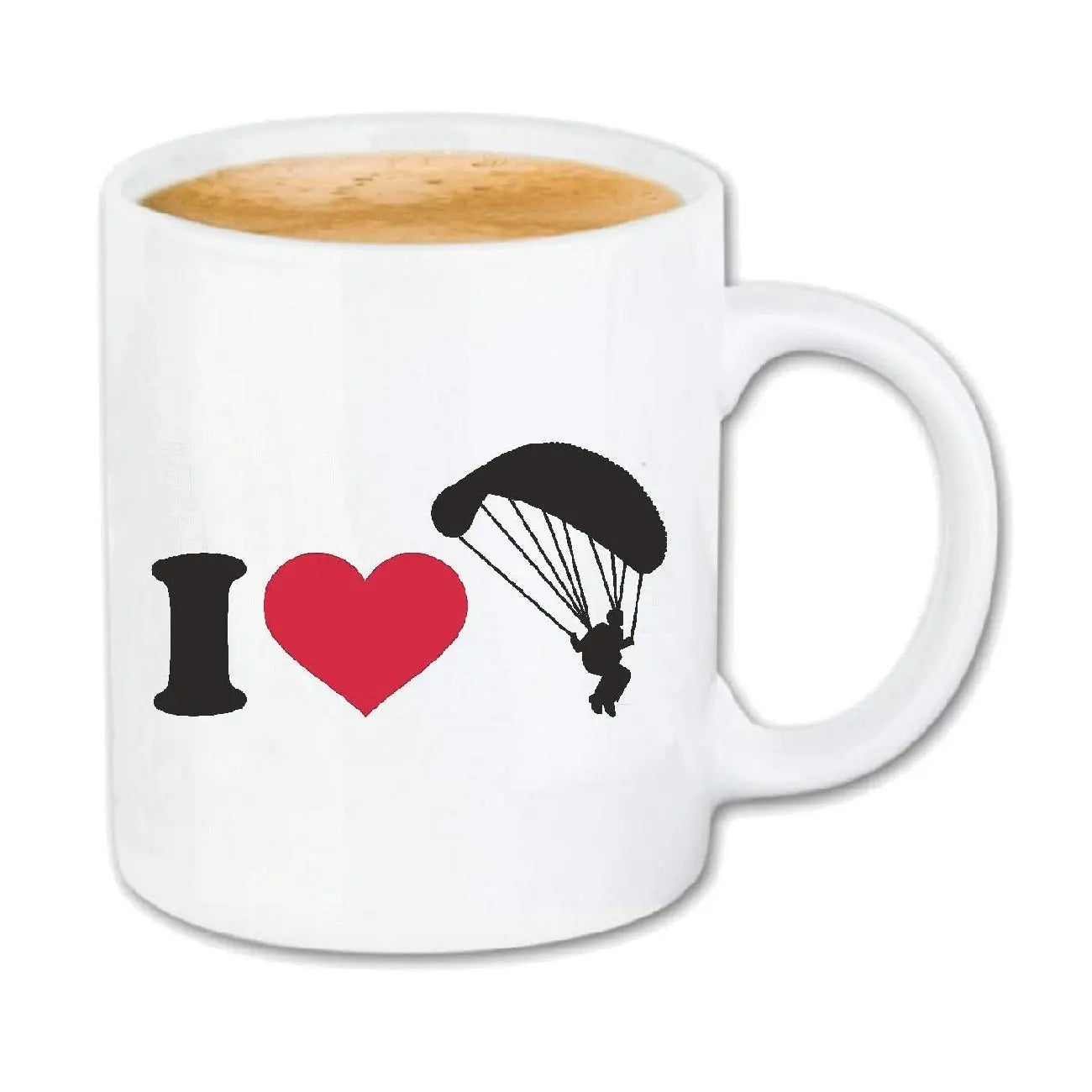 Gleitschirm Kaffee Tasse Love mit Paraglider-Motiv und Herz, ideal für Gleitschirmflieger-Fans. Hochwertige Keramiktasse, perfekt für Büro oder Frühstück. Fassungsvermögen: 330ml.