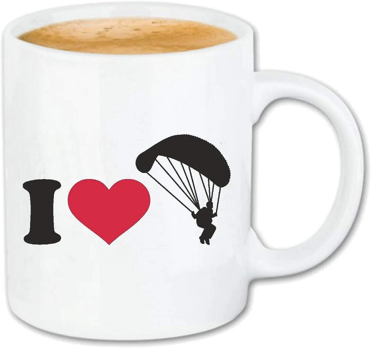 Gleitschirm Kaffee Tasse Love mit Paraglider-Motiv, ideal für Gleitschirmflieger. Keramiktasse, 330ml, perfekt für Büro oder Frühstück.