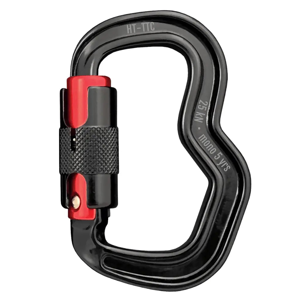 Finsterwalder Unilock Karabiner Detailansicht in Rot, ultraleicht. Nahaufnahme eines strapazierfähigen und sicheren Paragliding-Verbinders mit spezieller Schnapperöffnung für einfaches Einhängen.