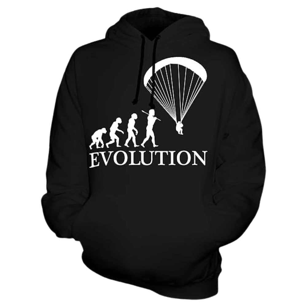 Silhouette eines Menschen beim Gleitschirmfliegen, dargestellt auf dem Paragliding Hoodie Evolution, ideal für Paraglider und Flugsportbegeisterte bei Paragliding24.ch.