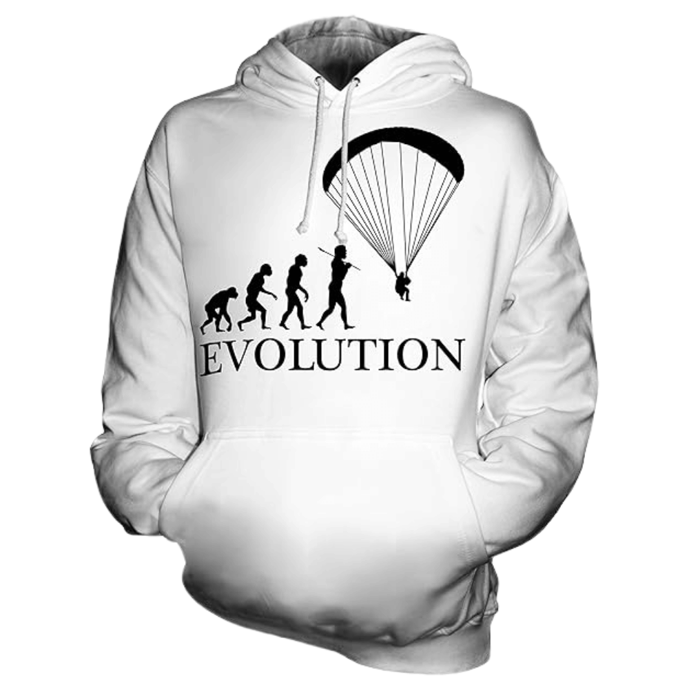 Silhouette eines Menschen beim Gleitschirmfliegen, dargestellt auf dem Paragliding Hoodie Evolution, ideal für Paraglider und Flugsportbegeisterte bei Paragliding24.ch.