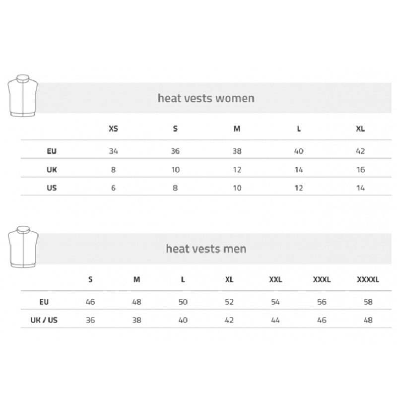 Lenz HEAT Vest 1.0 Diagramm mit Größentabelle und Heizfunktion. Ideal für flexible, windabweisende Wärme beim Gleitschirmfliegen.