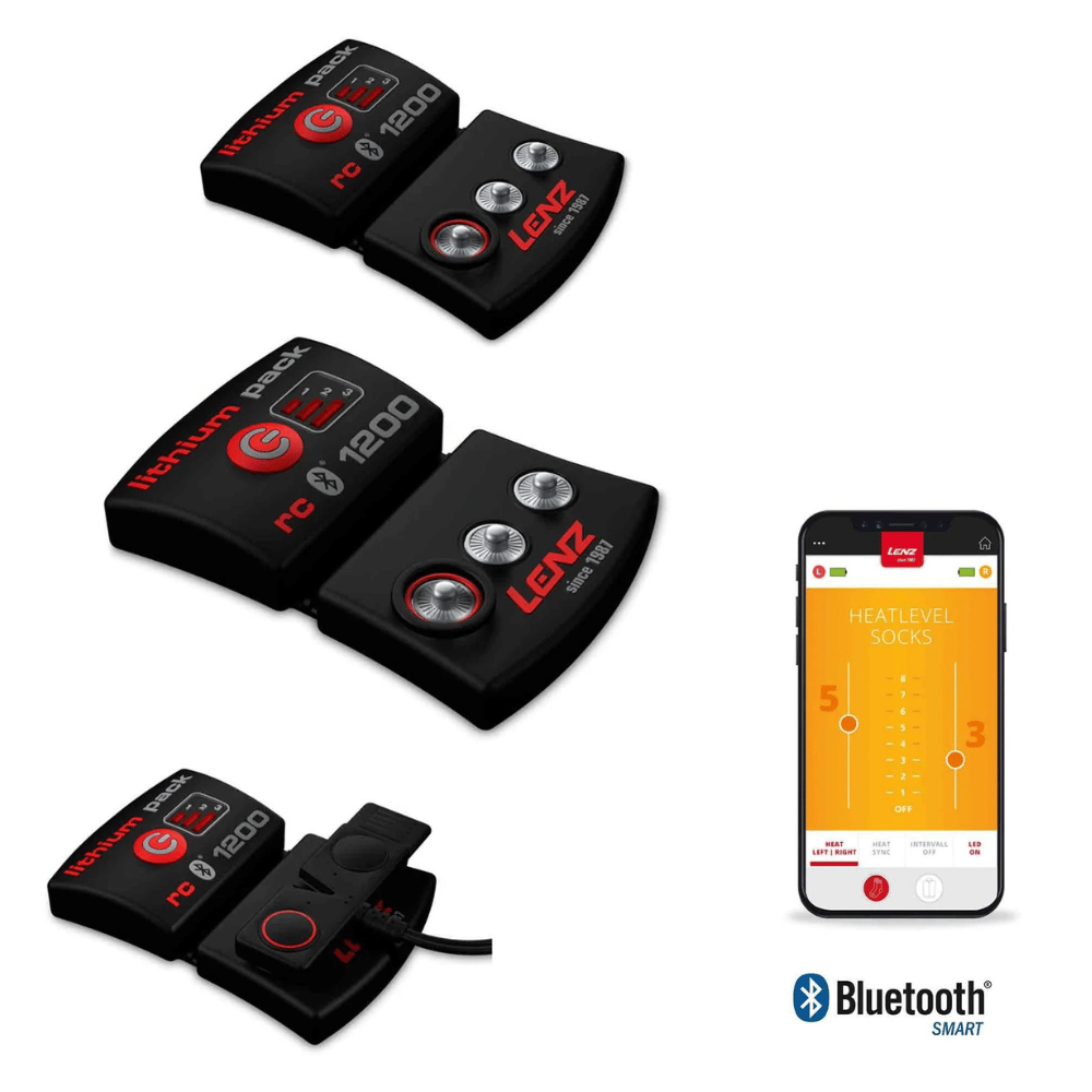 Lenz LITHIUM PACK Bluetooth 1200-1800-2000mAh, kompaktes Gerät mit Tasten, regulierbar über Lenz Heat App, ideal für Gleitschirmzubehör, bietet bis zu 22 Stunden Heizleistung.