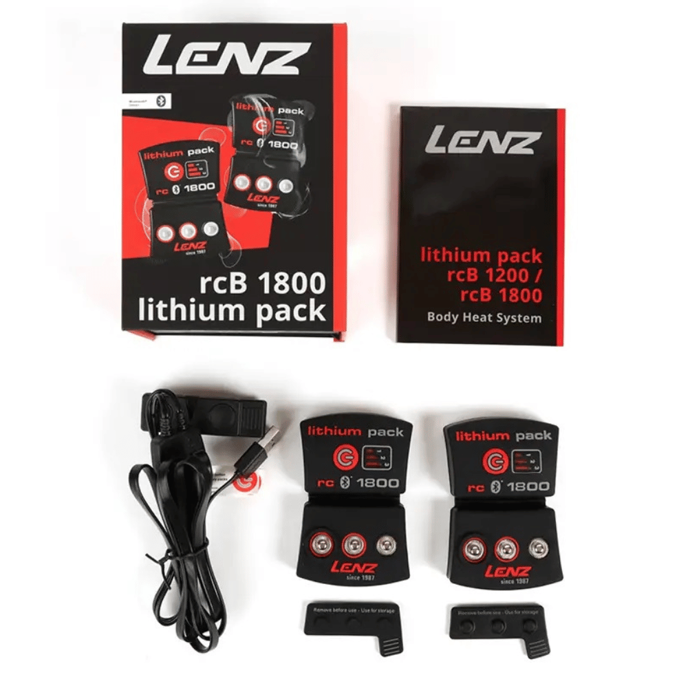 Lenz LITHIUM PACK Bluetooth 1200-1800-2000mAh, Nahaufnahme des Akkupacks mit Bedienelementen und Verpackung, ideal für lange Heizdauer und einfache Smartphone-Steuerung.