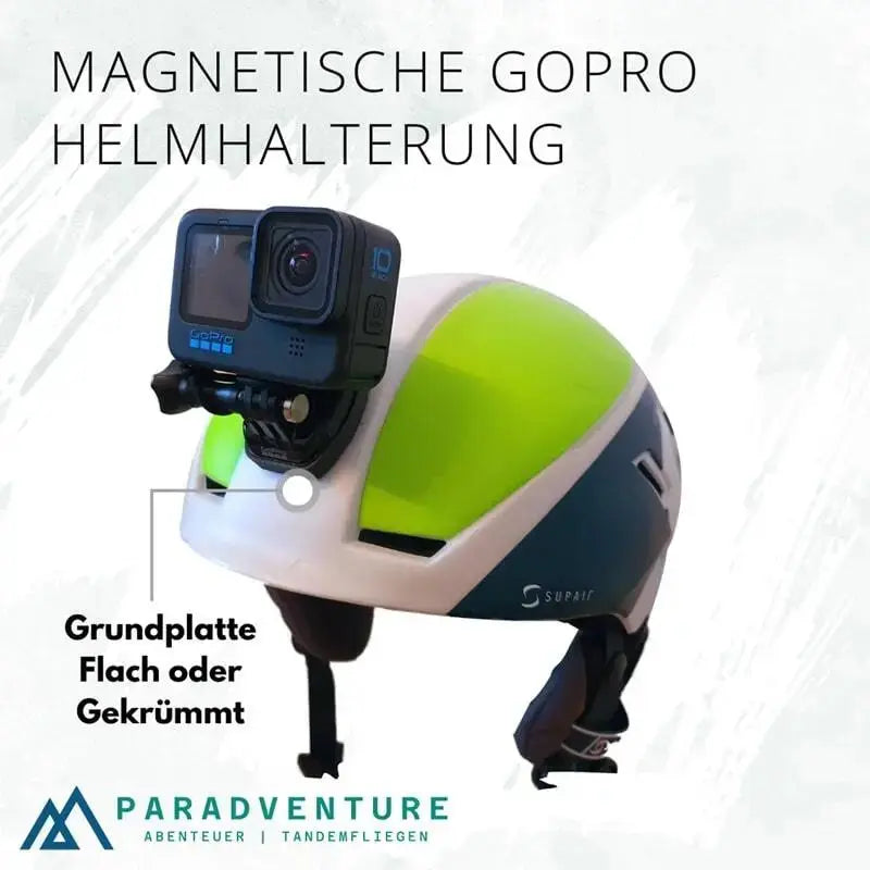 Magnetische GoPro Helmhalterung für Gleitschirmflieger, zeigt eine Kamera auf einem Helm. Innovatives Sicherheitszubehör von Paragliding24.ch für sicheren Flug.