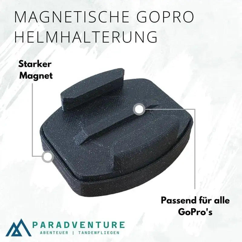 Magnetic GoPro Helmet Mount - Safety! Black mount with white text, ideal for paragliding, provides a secure magnetic attachment for GoPros to your helmet.