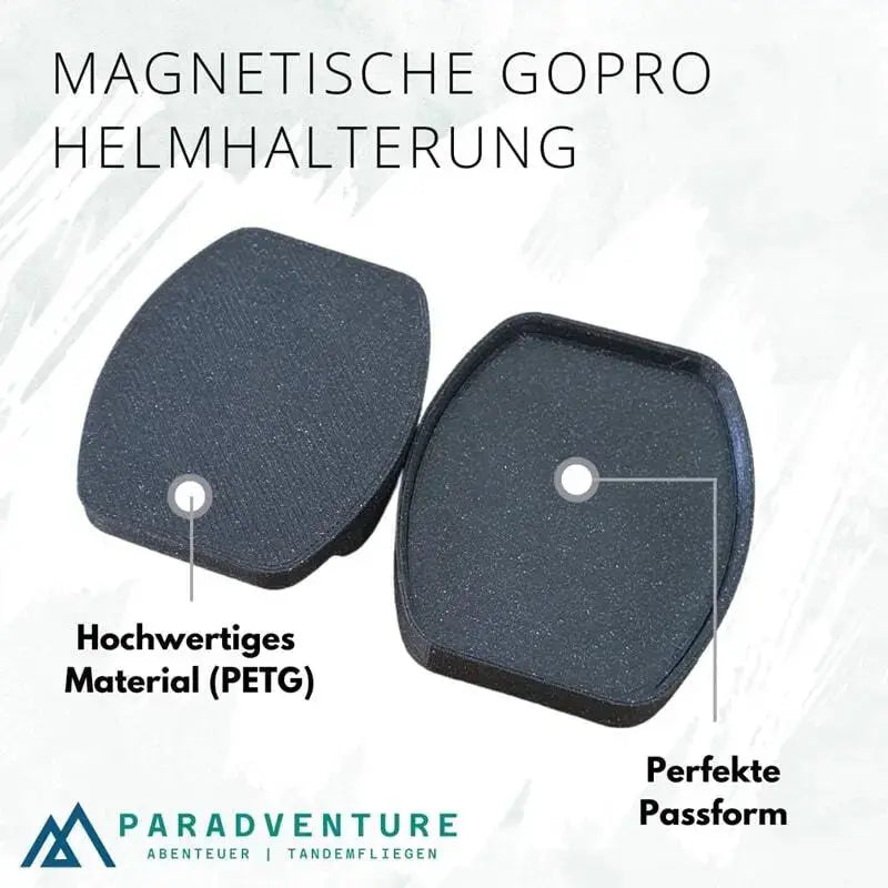 Magnetische GoPro Helmhalterung, sicher befestigt für Gleitschirmflieger. Schützt vor Verwicklungen, mit elastischer Sicherungsleine für sicheren Halt bei Abenteuern.