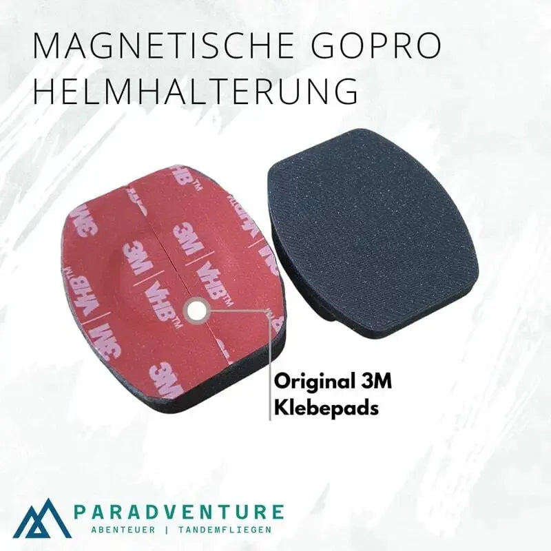 Magnetische GoPro Helmhalterung für Gleitschirmflieger, Nahaufnahme der Halterung und Grundplatte. Innovatives Sicherheitsdesign von Paradventure, ideal für sicheres Filmen beim Gleitschirmfliegen.