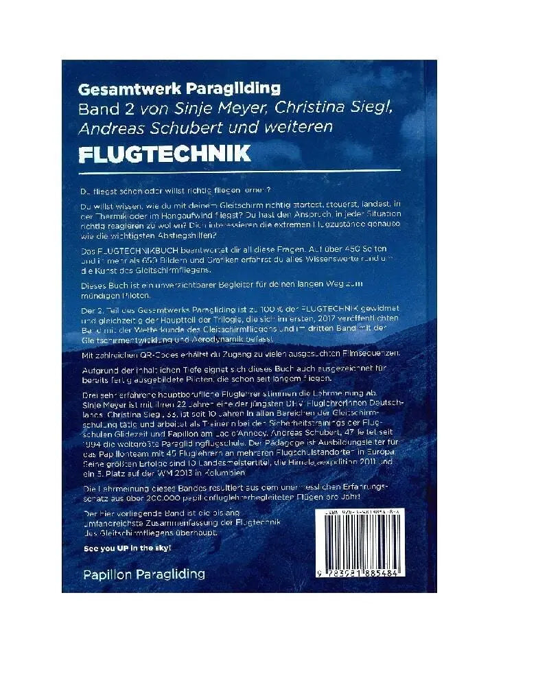 Gesamtwerk Paragliding Band 2 - Flugtechnik Buchcover mit Text, umfassend Gleitschirmflugtechnik auf 450 Seiten für Anfänger und erfahrene Piloten.
