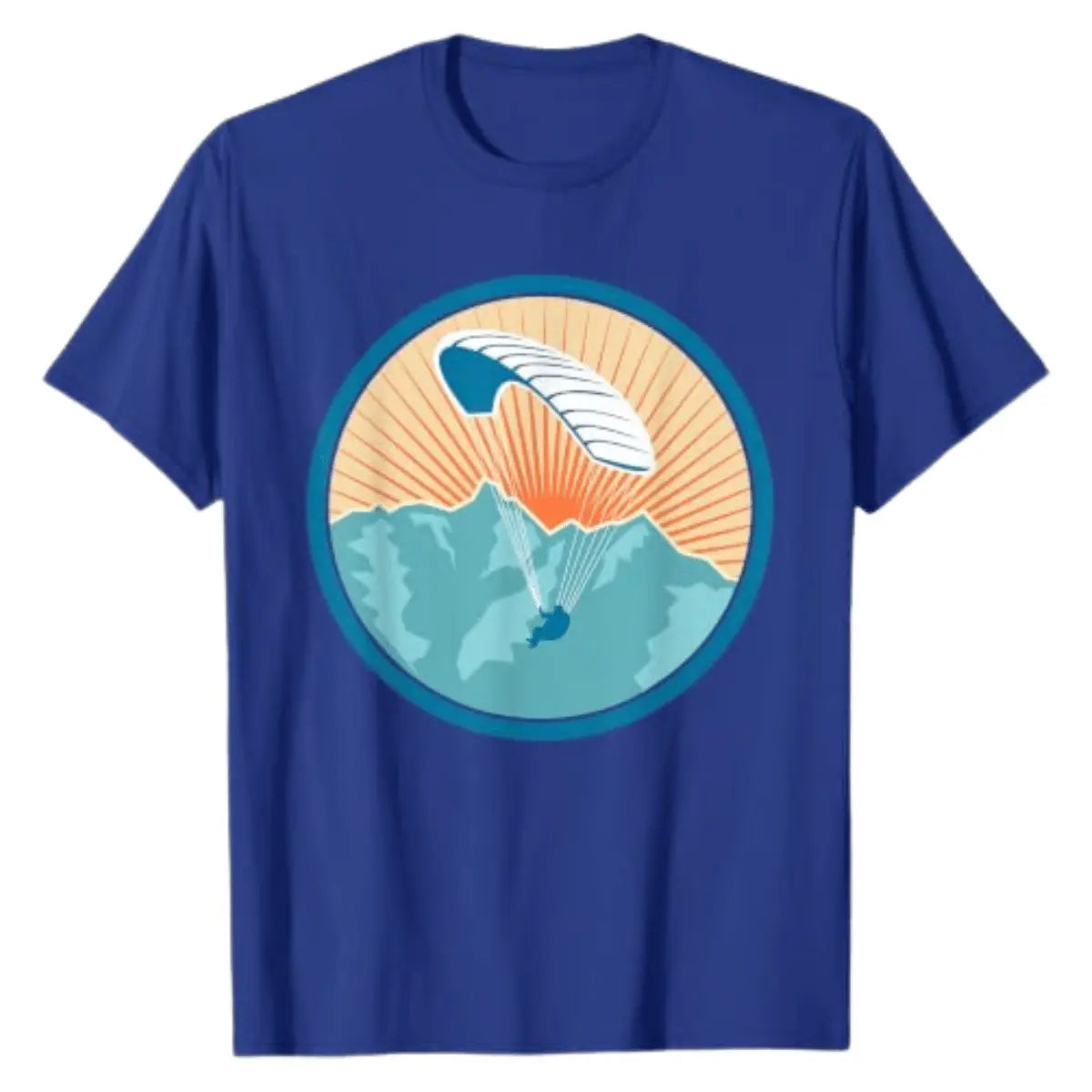 Blaues T-Shirt mit Retro-Vintage-Paragliding-Design, das einen Paraglider über Bergen bei Sonnenaufgang zeigt.