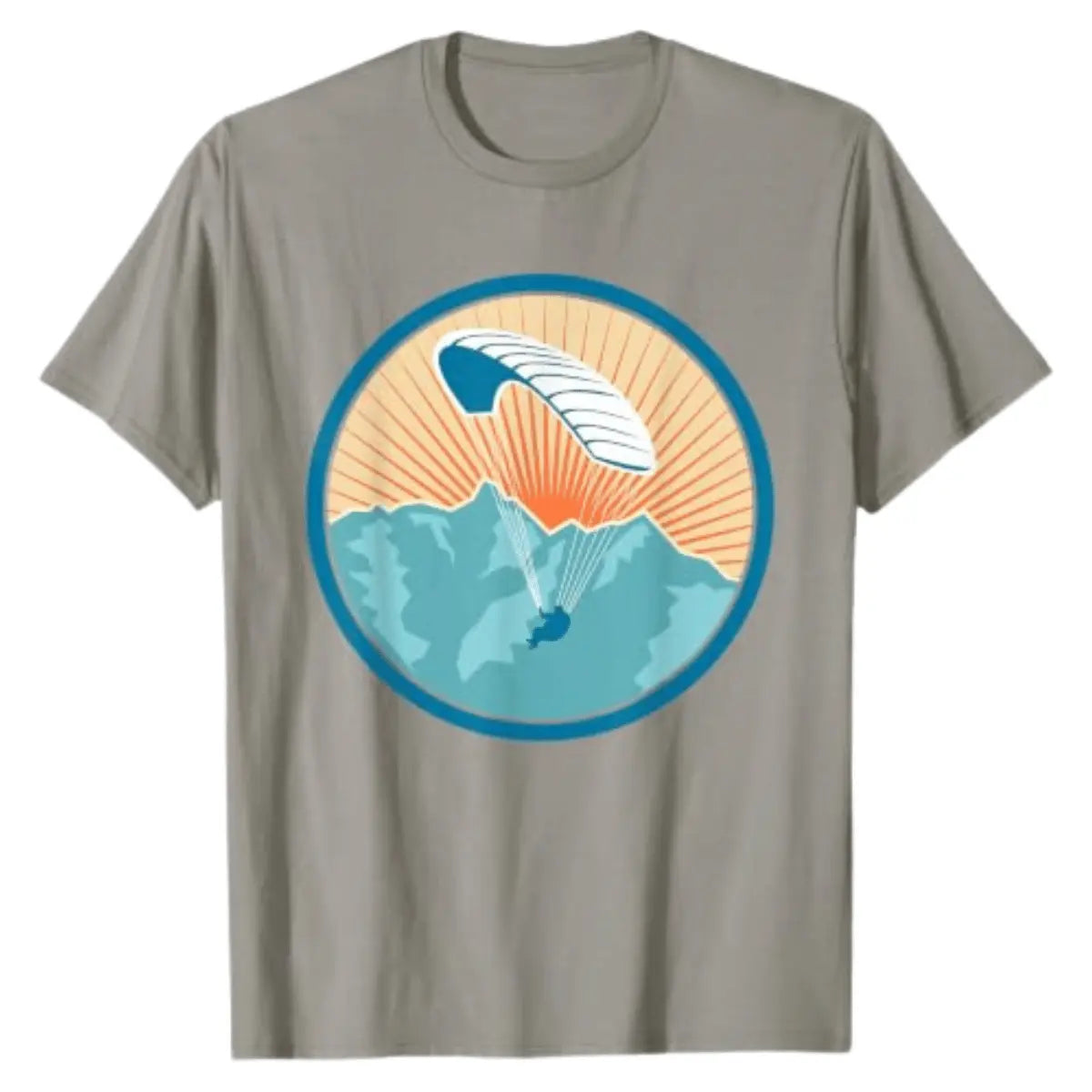 Graues T-Shirt mit Retro-Vintage-Paragliding-Design: Ein Gleitschirmflieger vor einer Bergkulisse mit strahlender Sonne im Kreis.