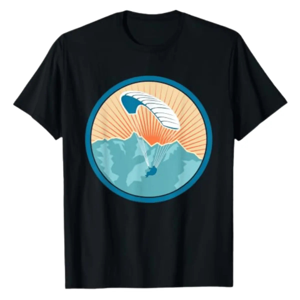 Schwarzes T-Shirt mit retro-vintage Paragliding-Motiv: Berglandschaft mit Paraglider im Kreis, Sonnenschein im Hintergrund.
