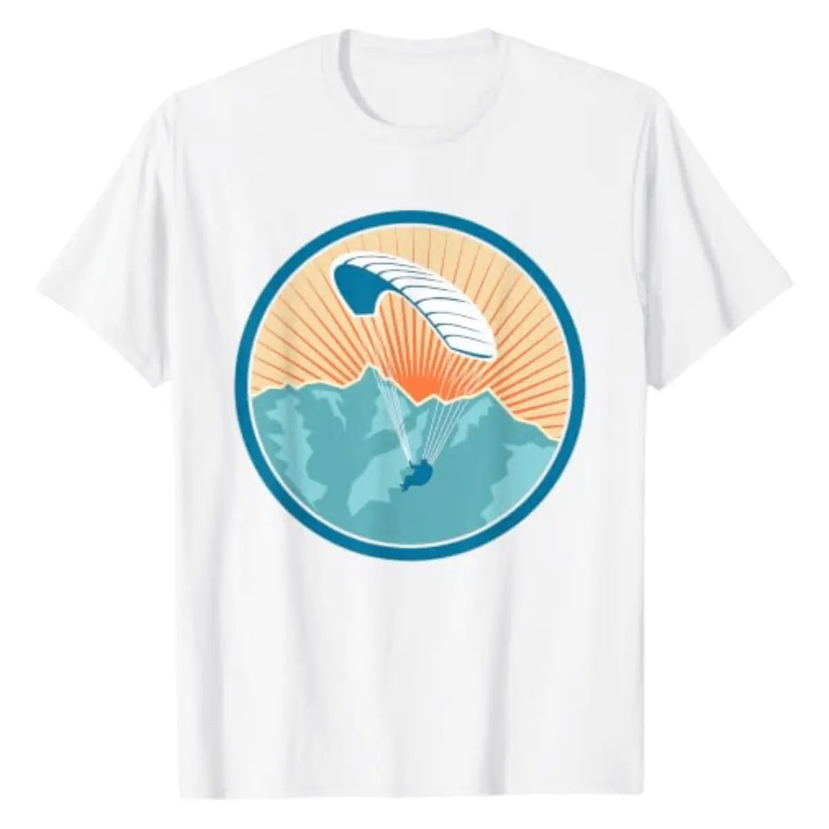 Schwarzes T-Shirt mit retro-vintage Paragliding-Motiv: Berglandschaft mit Paraglider im Kreis, Sonnenschein im Hintergrund.