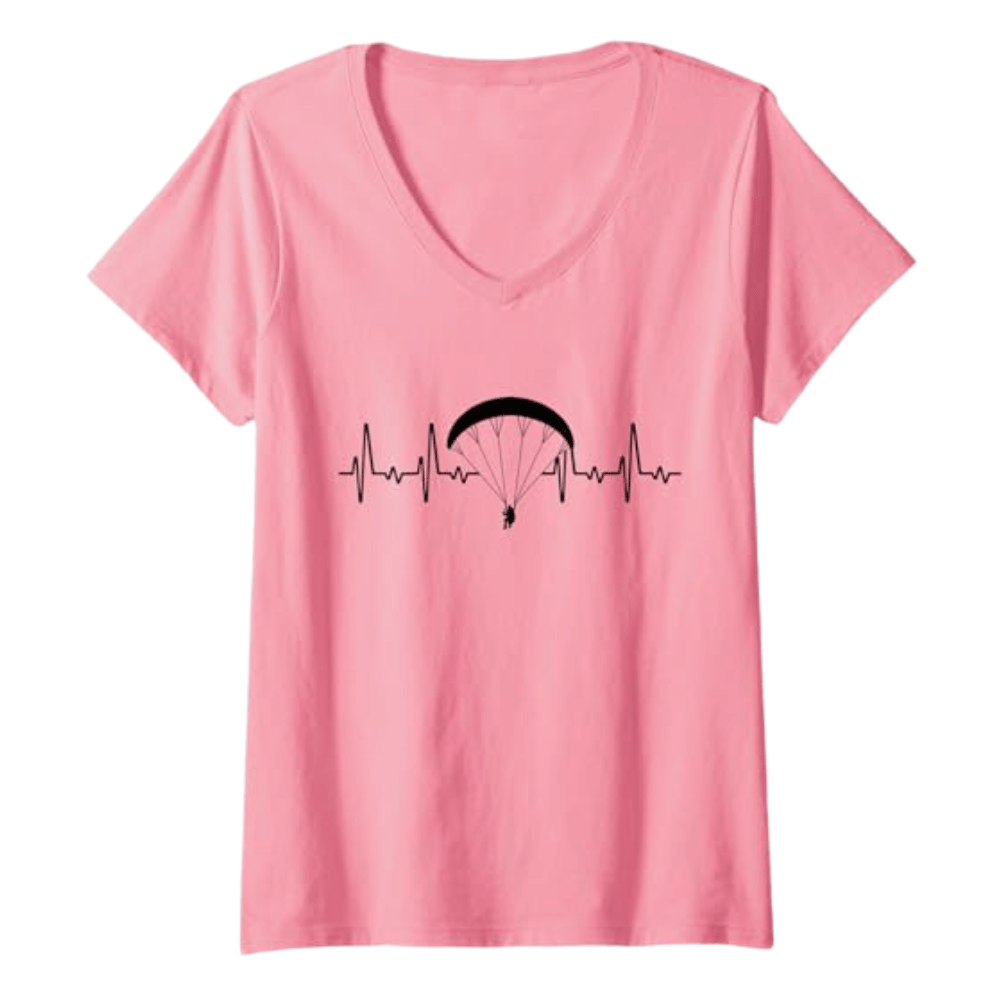 Paragliding T-Shirt Mountain V-Neck Damen in Pink mit schwarzem Fallschirm-Design, ideal für Gleitschirmfliegerinnen. Perfekt geschnitten für Frauen, aus 100% Baumwolle.