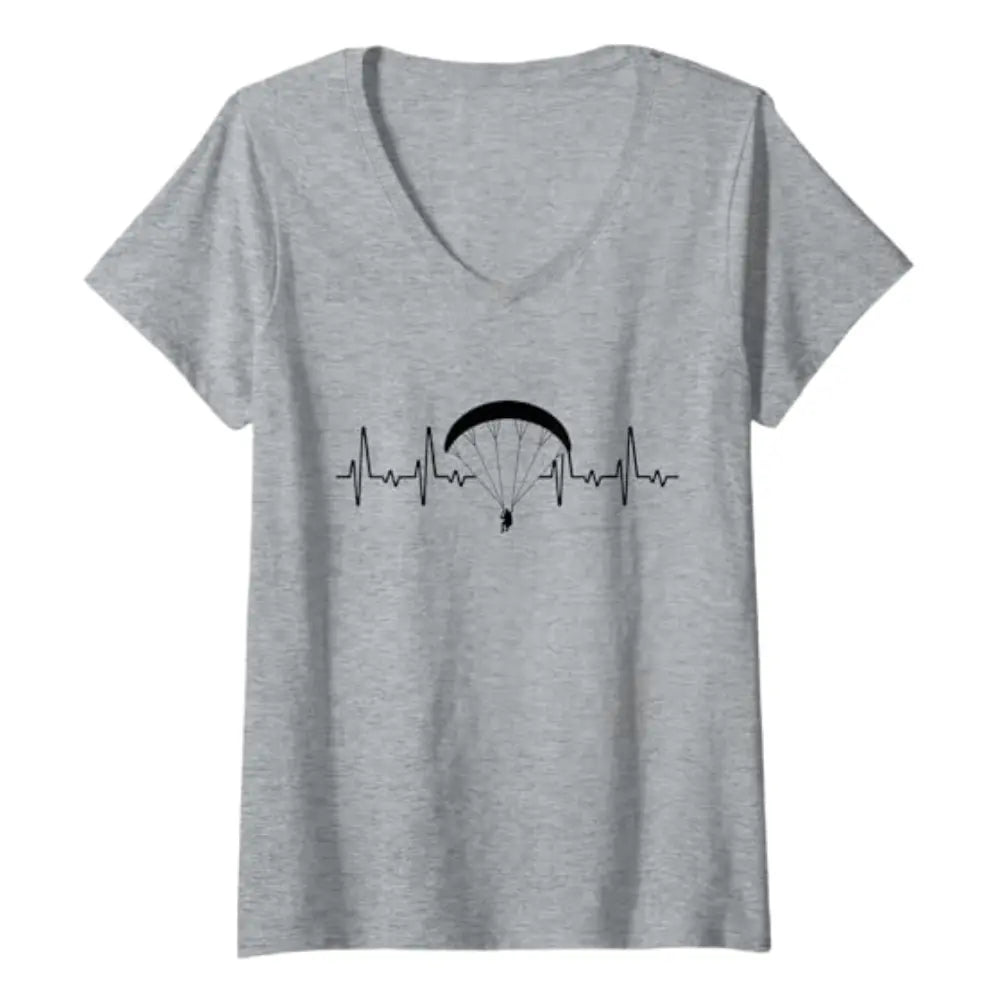 Paragliding T-Shirt Mountain V-Neck Damen Grau meliert mit schwarzem Fallschirm-Design, ideal für Gleitschirmfliegerinnen. Perfekt geschnitten für Frauen, aus 100% Baumwolle.