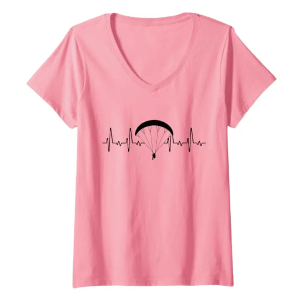 Paragliding T-Shirt Mountain V-Neck Damen in Pink mit schwarzem Fallschirm-Design, ideal für Gleitschirmfliegerinnen. Perfekt geschnitten für Frauen, aus 100% Baumwolle.
