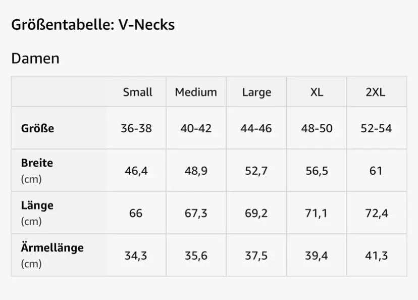 Größentabelle für das Mountain V-Neck Damen Paragliding T-Shirt, perfekt für weibliche Gleitschirmfliegerinnen. Speziell geschnitten für Frauen, 100% Baumwolle.