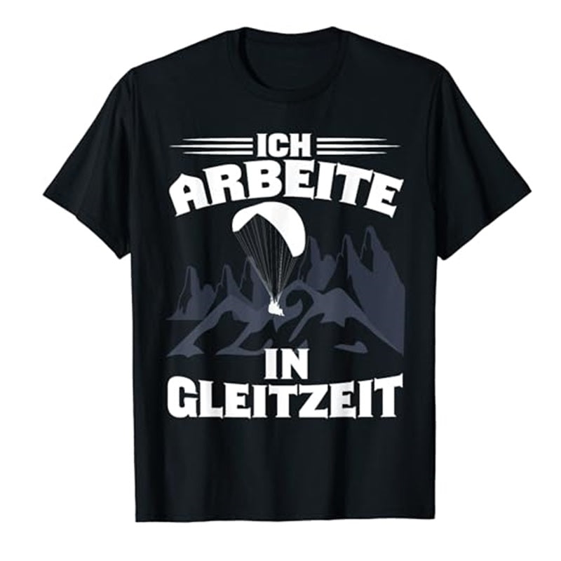 Paragliding T-Shirt Ich arbeite in Gleitzeit mit weißem Fallschirmmotiv, ideal für Gleitschirmflieger, aus 100% Baumwolle, von Paragliding Is My Therapy.