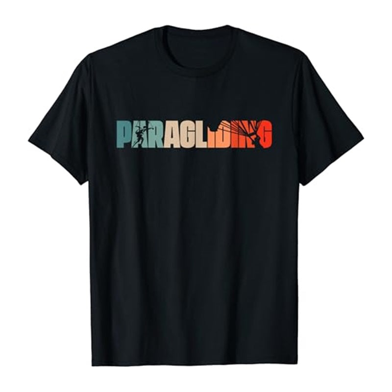 Schwarzes T-Shirt mit dem weißen Schriftzug Paragliding, ideal für Gleitschirmflieger, klassisch geschnitten, aus 100% Baumwolle. Perfekt für Paragliding-Enthusiasten.