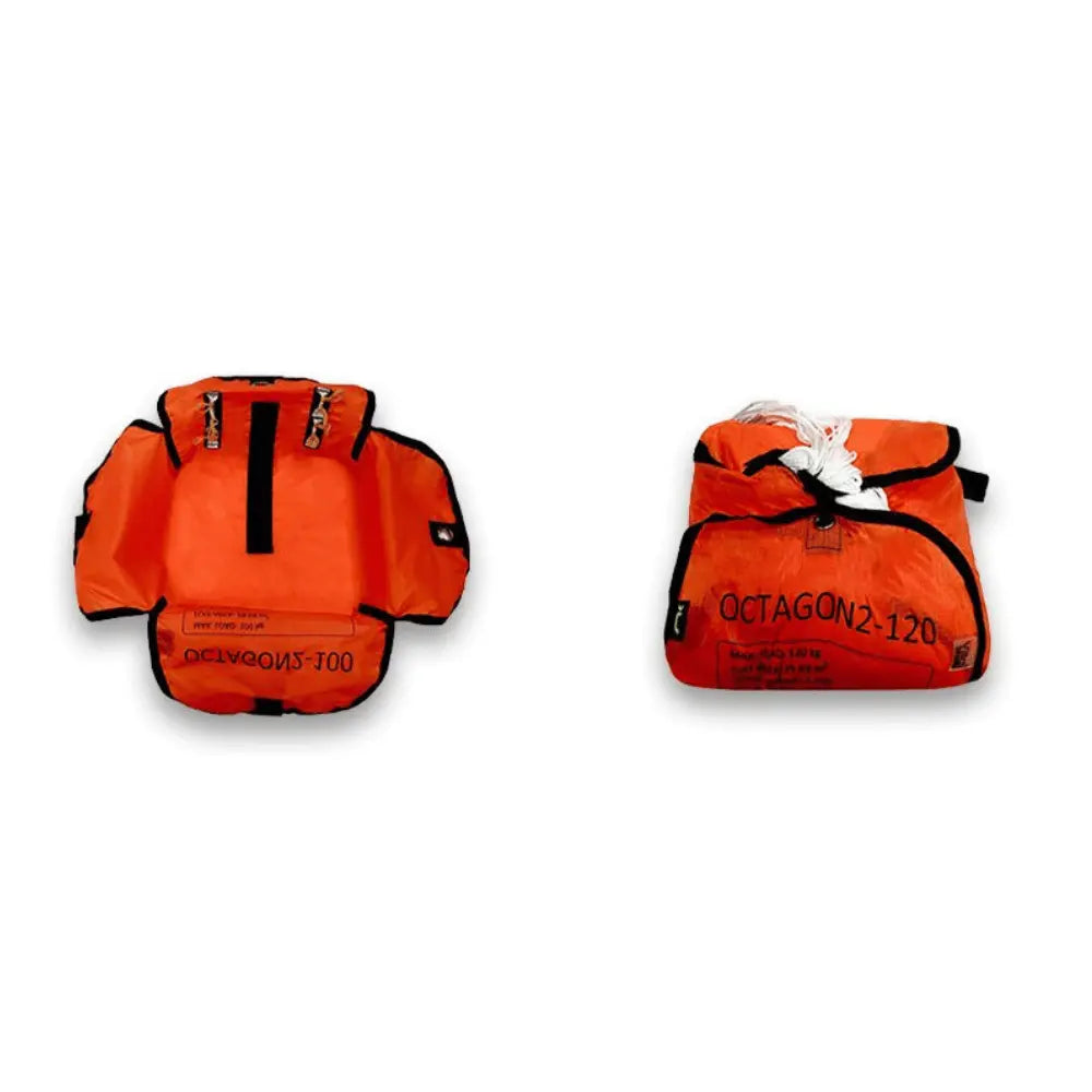 Niviuk Octagon 2 Rettungsschirm, orange, zeigt gepackte und ausgefaltete Ansichten, mit achteckiger Form und Befestigungspunkten, ideal für sichere Gleitschirmflüge.