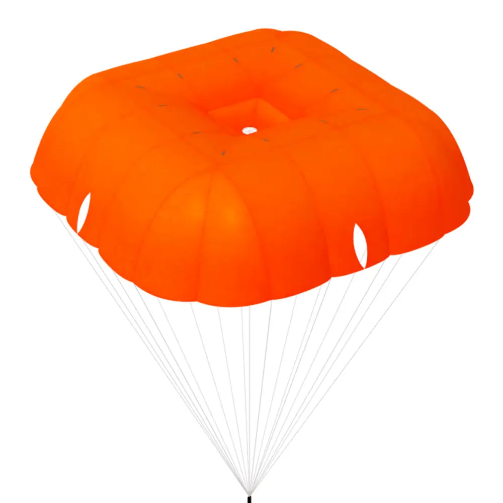 Niviuk Octagon 2 Rettungsschirm: Quadratisches, oranges Tuch mit versammelten Leinen darunter, bietet maximale Sicherheit und Stabilität für Gleitschirmpiloten.