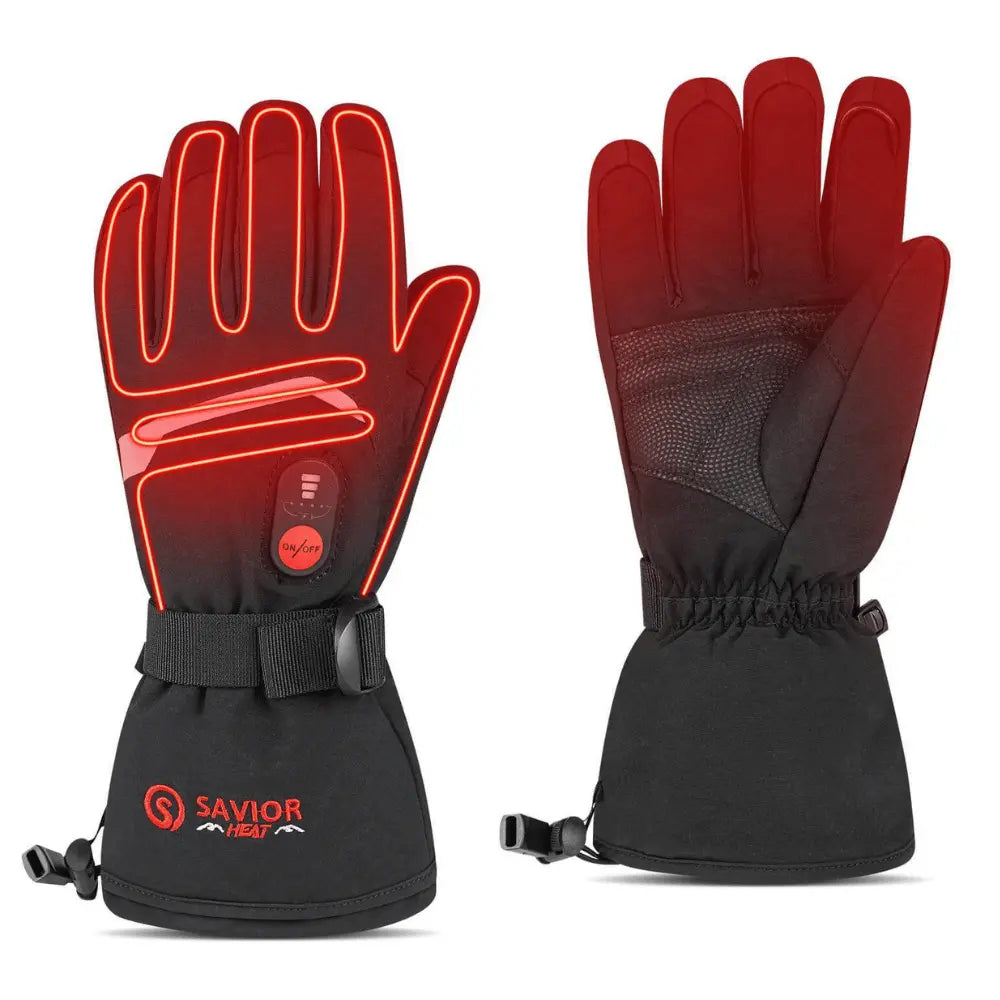 Savior HEAT Gloves Heizhandschuh: Schwarze Handschuhe mit roten Lichtern, wasserdicht, atmungsaktiv, Touchscreen-kompatibel, und gepolstert für Outdoor-Aktivitäten wie Skifahren und Wandern.